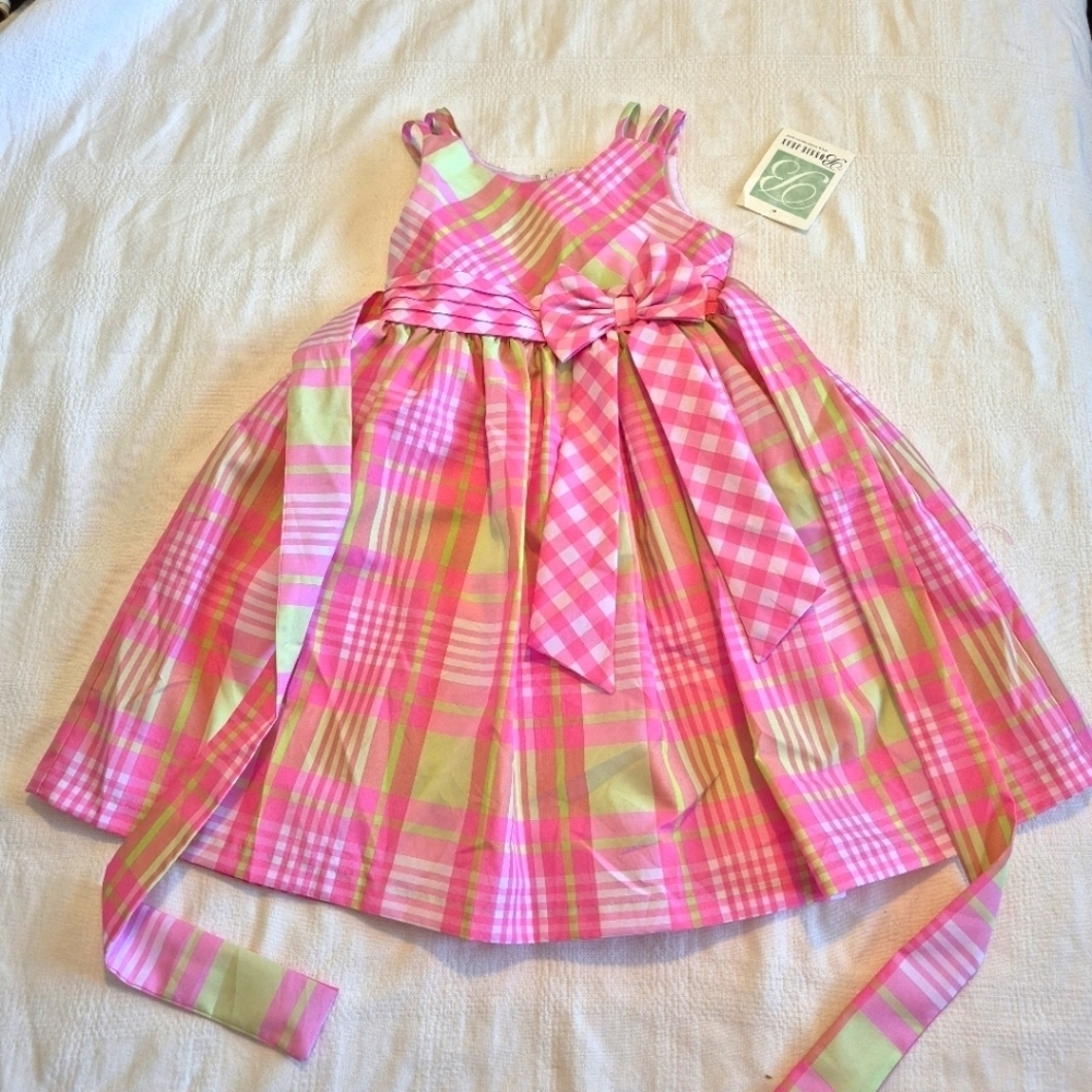 Bonnie Jean girls size 7 pink green & white plaid dress with bow, NWT